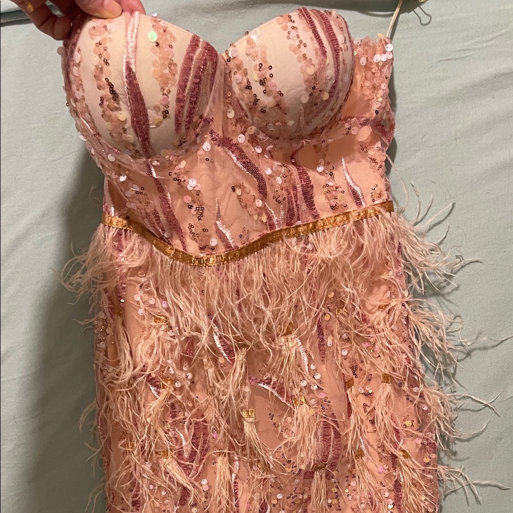 Baby pink mini dress with feather embellishment and sequin detail
